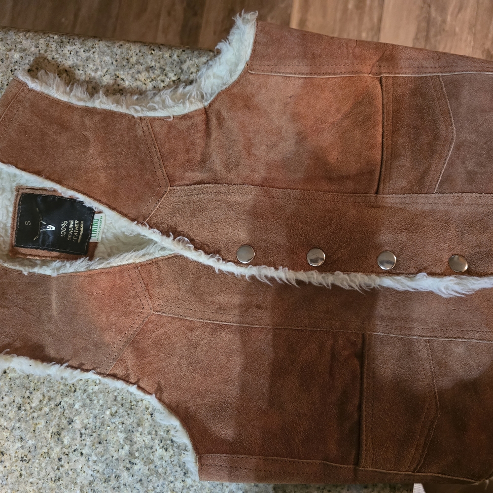 Girls Vintage Brown Suede Vest with Sheep Fur